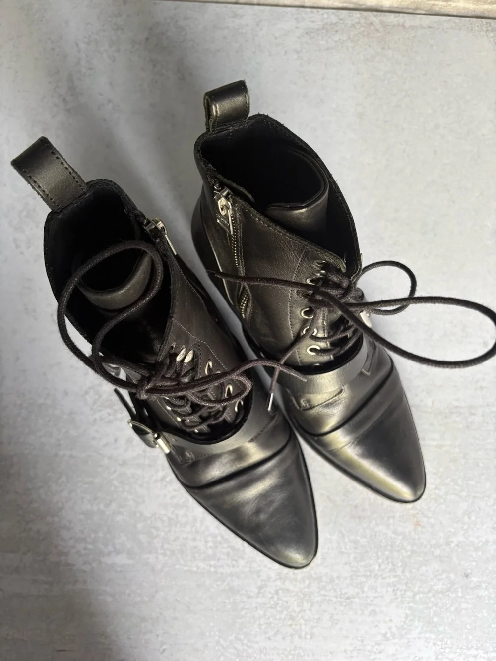 AllSaints Katy Black Leather Lace Up Buckle Strap Ankle Boot Black EU 38 US 7.5